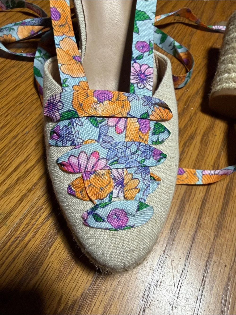 Floral Lace-Up Espadrille Wedge Sandals - Beige with Orange & Purple Floral Ties